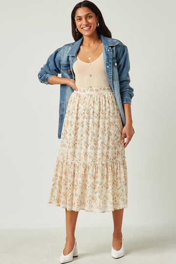 HY5712 Ivory Womens Crinkle Textured Floral Ruffle Midi Skirt Full Body